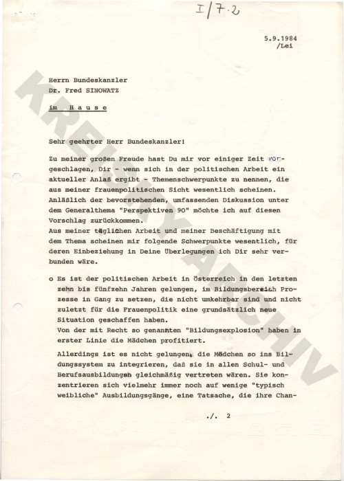 Brief Johanna Dohnal an Fred Sinowatz 1984