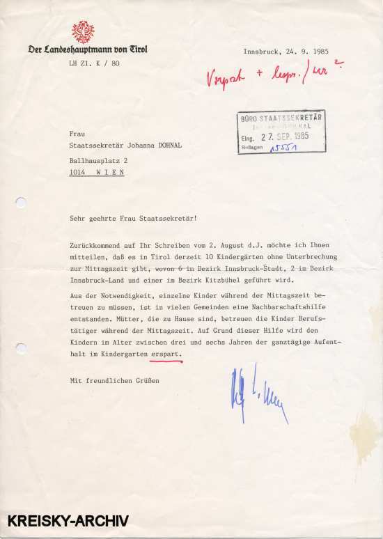 Brief Eduard Wallnöfer zu Kinderbetreuung in Tirol 1985